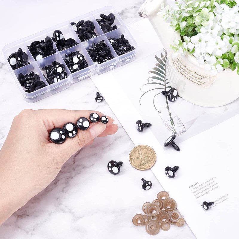 PH PandaHall Resin Safety Eyes, 100pcs 5 Size Craft Eyes Black Stuffed Crochet Eyes Kawaii Eyes with 100pcs Washers for Teddy Bear, Amigurumi Craft, Puppet, Plush Animal Making (8/10/ 12/14/ 16mm) - Image 5